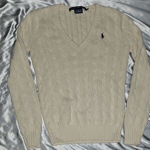 Ralph Lauren Cable Knit V-Neck Sweater in Cream